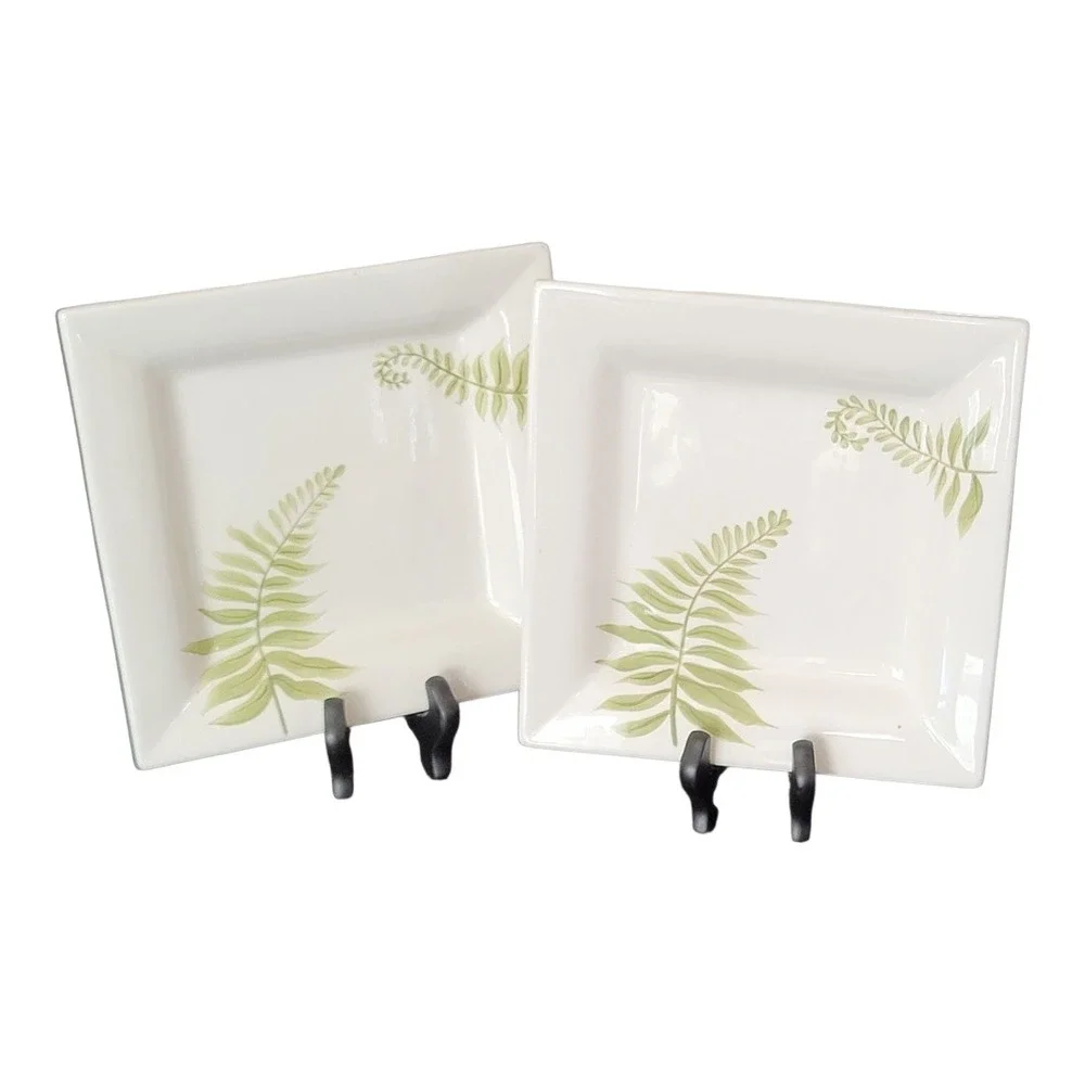 Pottery Barn Fern Square Plate Botanical Leaves Modern Dinnerware RARE EUC